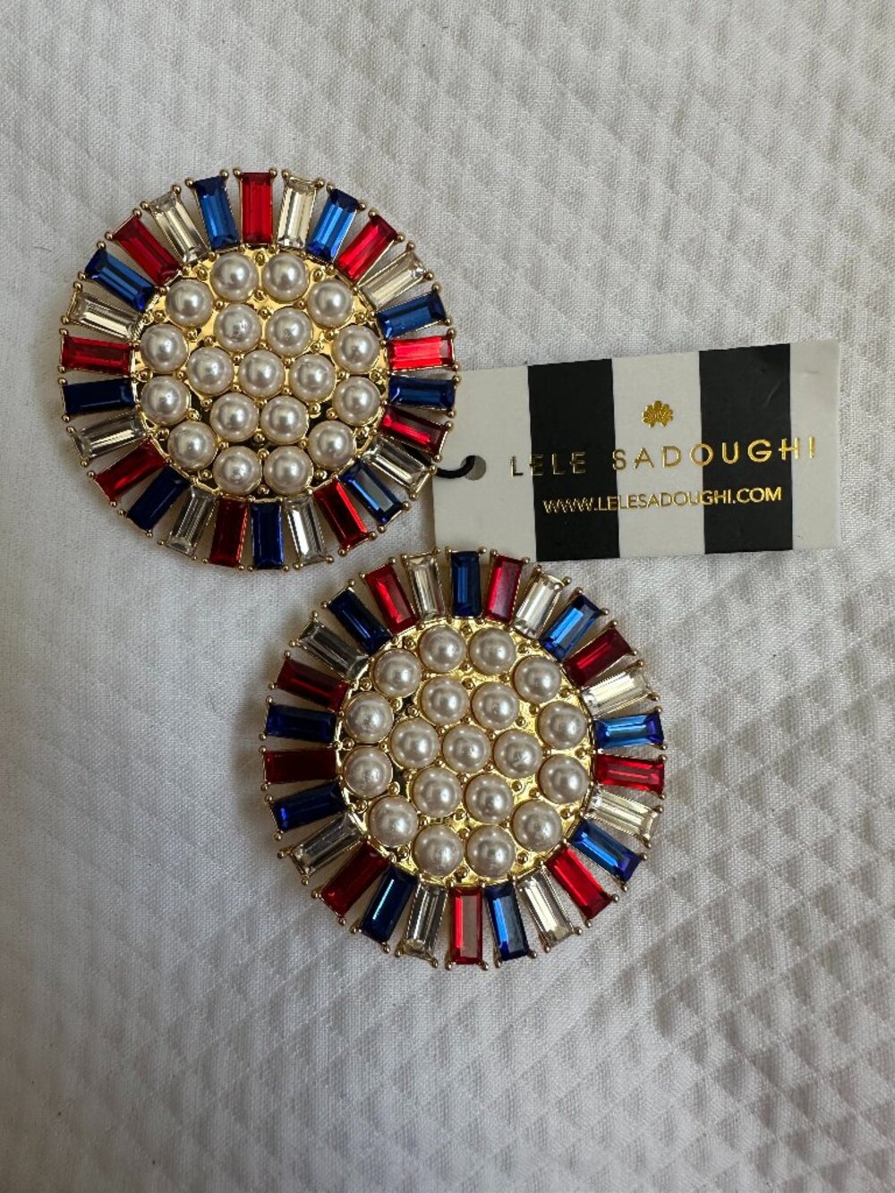 NWT Lele Sadoughi Red White & Blue Americana Crystal Pearl Clip Button Earrings